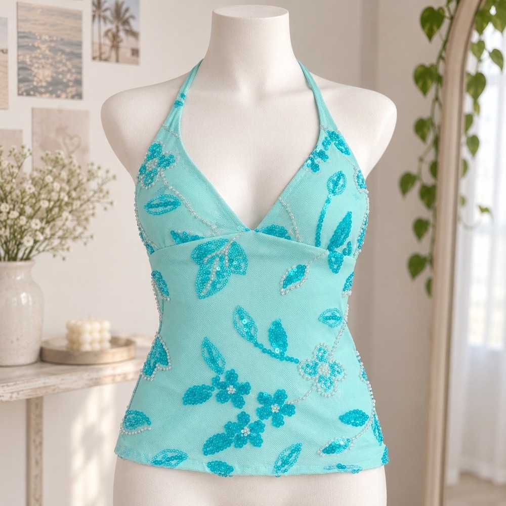 Edikted Turquoise Blue Sequin Beaded Floral Halter Top Y2K Style Small